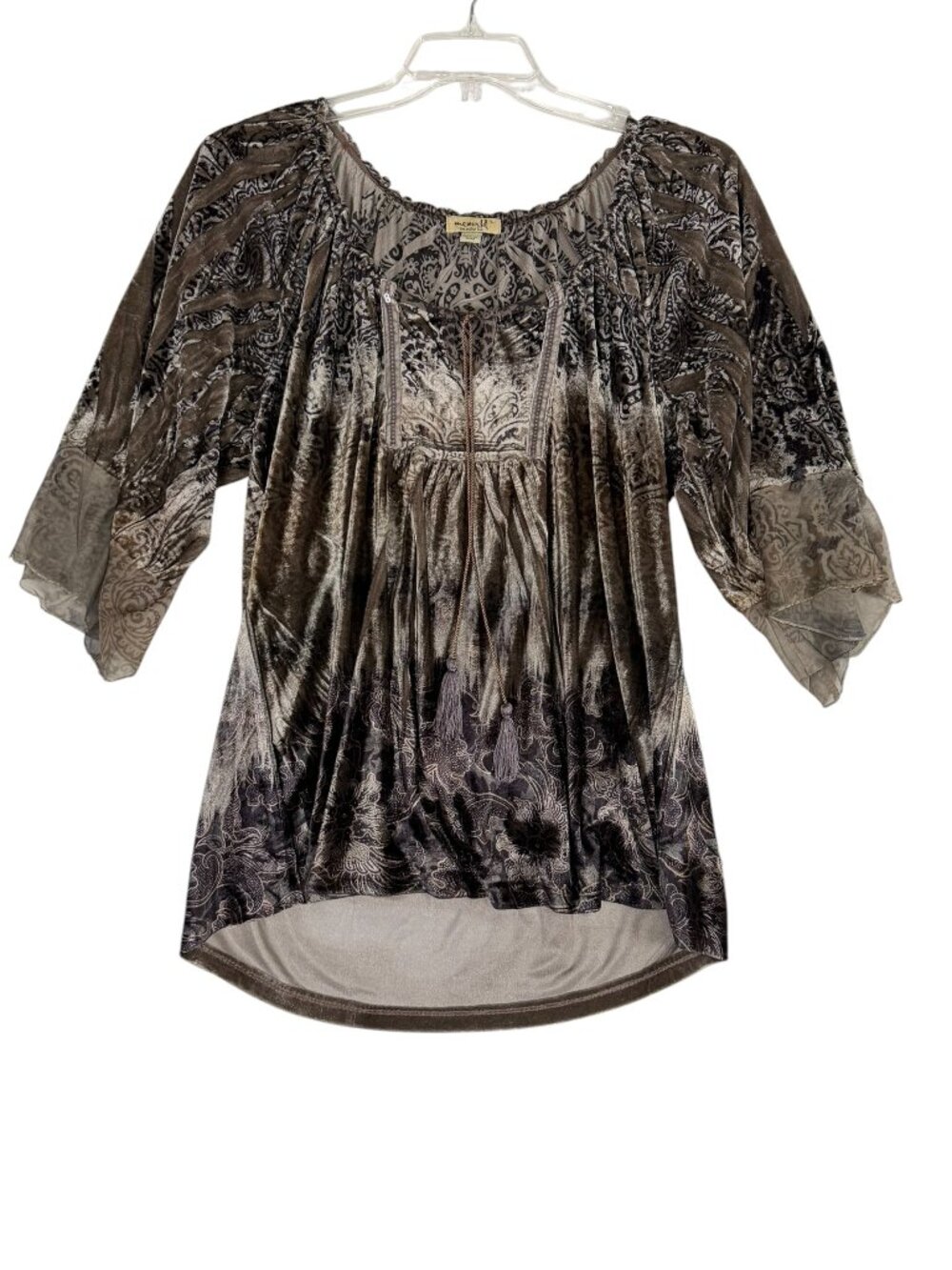 One World Boho Burnout Velvet Paisley Peasant Blouse Tassel Tie L